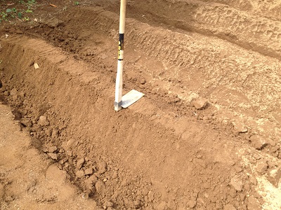 Farm beds using hoe to pack and level bed tops